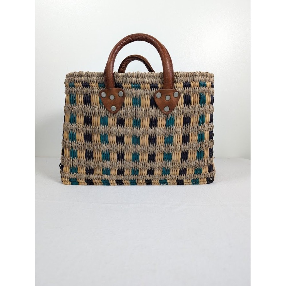 Vintage Handwoven Jute Sisal Market Tote Bag Leather Handles Quiet Luxury‎ Boho